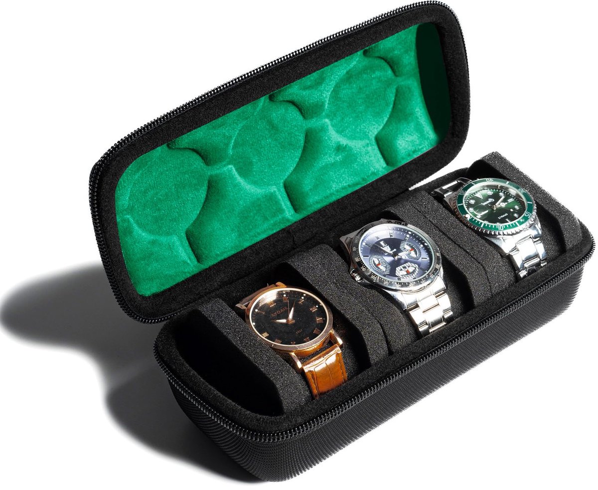 AUKURA Hard Shell Reiskoffer, 3 compartimenten, Horlogerolhoes voor Mannen en Vrouwen, met Anti-beweging Horlogekussen (Zwart, 3 compartimenten met groene voering)