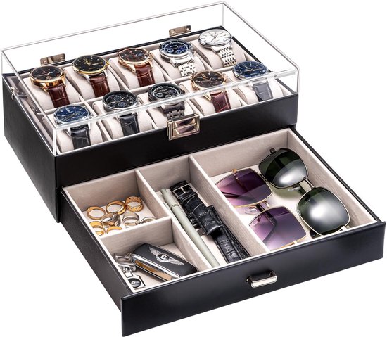 ProCase Houten horlogedoos, 4 sleuven, horloge-display met afneembare acryl afdekking, 2 niveaus houten horlogestandaard met lade, horlogeopslag, horlogekoffer, display case voor heren, espresso