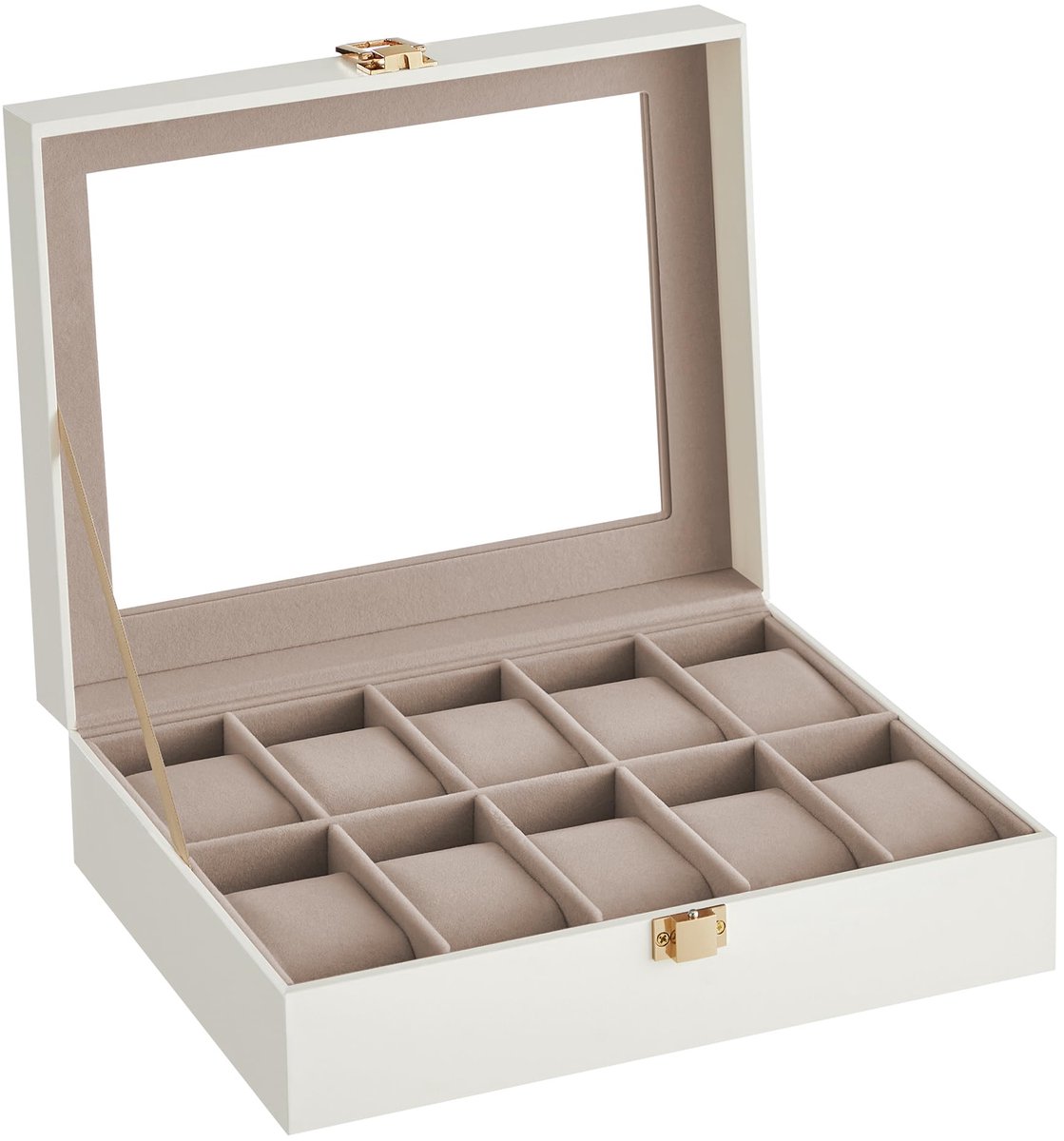 SONGMICS Horlogebox met 10 compartimenten, Horlogekast, Glazen deksel, Horlogekast, Uitneembare horlogekussentjes, Metalen sluiting, Cadeau-idee, Wolkenwitte PU-hoes, Cappuccinobeige fluwelen voering JWB010W01