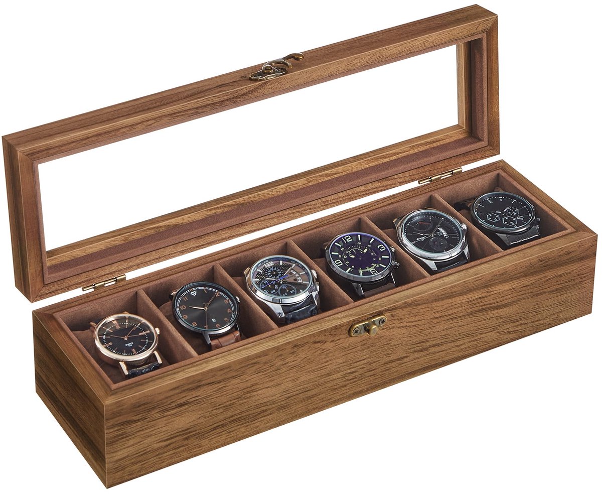 SONGMICS Horlogebox met 6 compartimenten, massief houten horlogekast met glazen deksel en horlogekussentje, cadeau voor uw dierbaren, walnoot JOW006K01