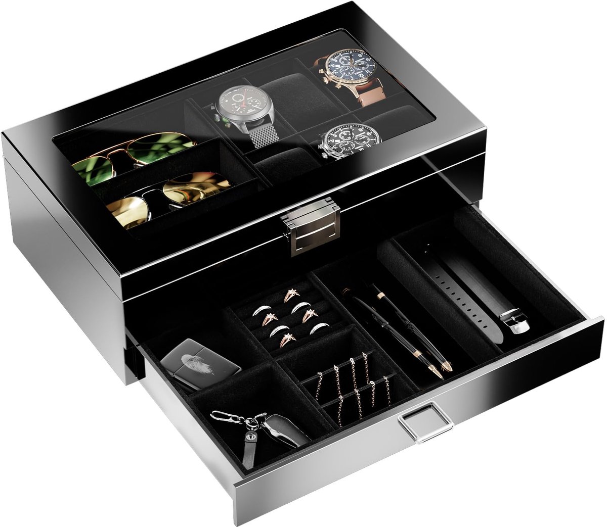 ProCase horlogebox, houten brillendoos, horlogebox, zonnebrillenbox met glazen deksel, horlogekast, brillenkoker - zwart