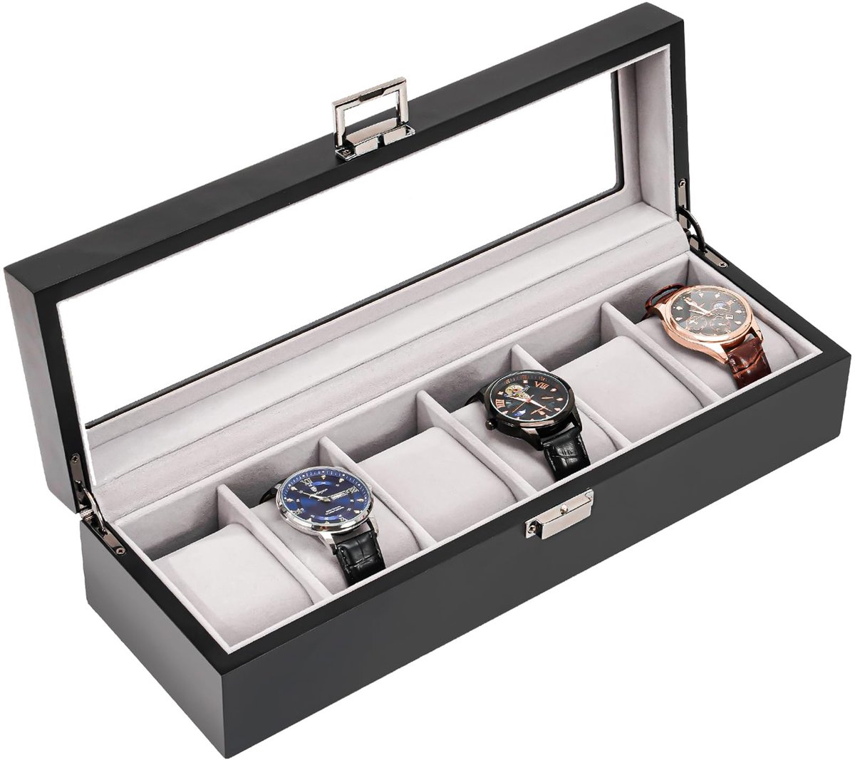 ProCase Horlogebox met 6 compartimenten, Houten Horlogekast met Glazen Deksel, Horlogekast met Horlogekussen, Horloge Opbergbox voor Heren, Horloge Organizer met Glazen Deksel - Zwart