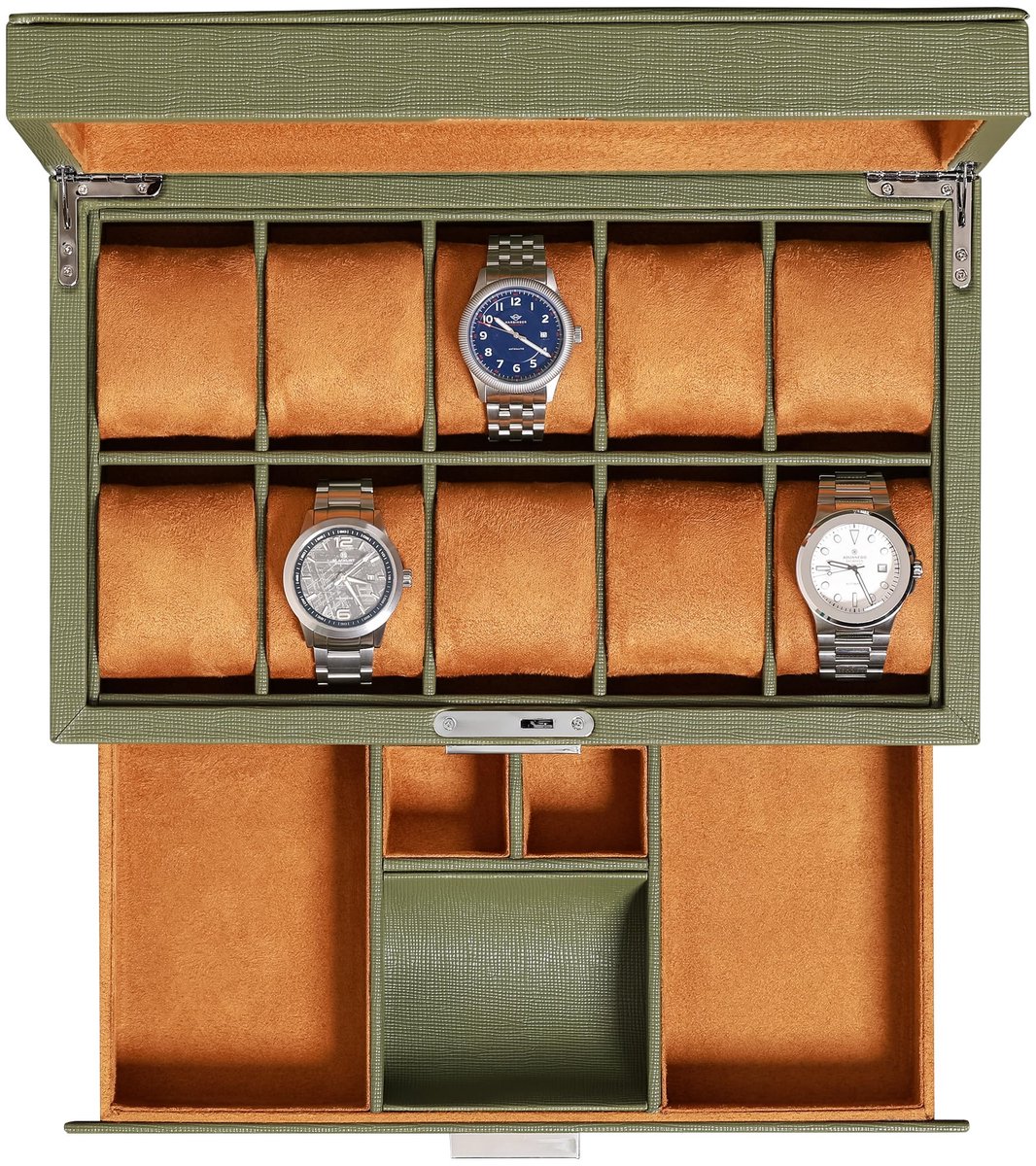 ROTHWELL leren horlogebox met 10 vakken en lade, luxe horlogekast met zachte kussens, afsluitbare sieradenhorlogehouder met groot glazen deksel (groen-lichtbruin)