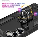 Zwarte telefoonhoes met een 360 graden draaibare metalen ring met 100° en 360° markeringen.