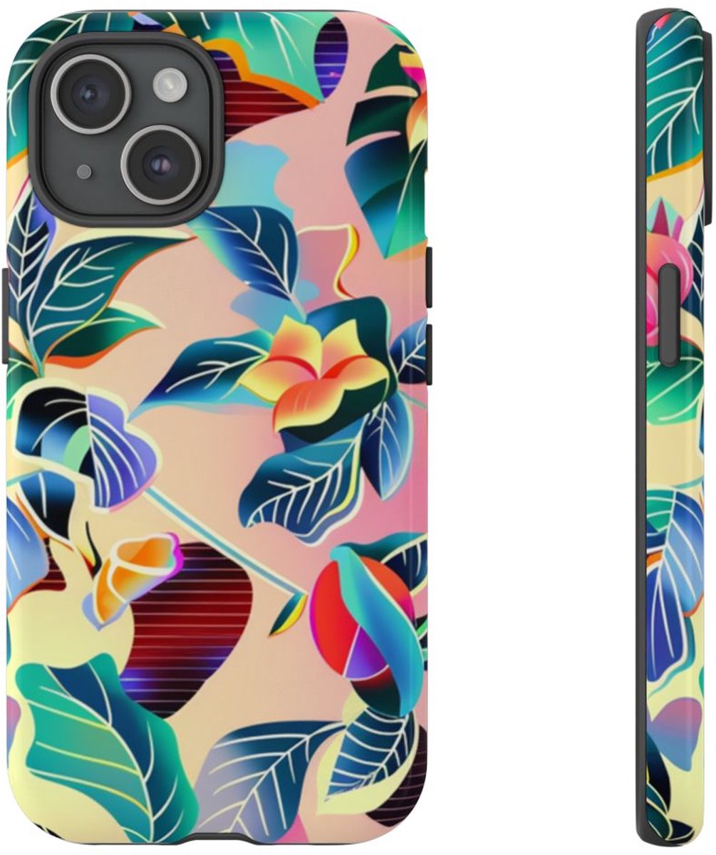 Levendig Tropisch Bloemenpatroon – Telefoonhoesje Geschikt voor iPhone 15