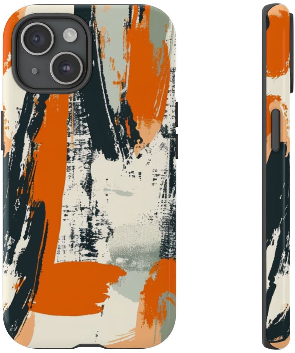Abstract Oranje-Zwart Penseelstrepenpatroon – Telefoonhoesje Geschikt voor iPhone 15