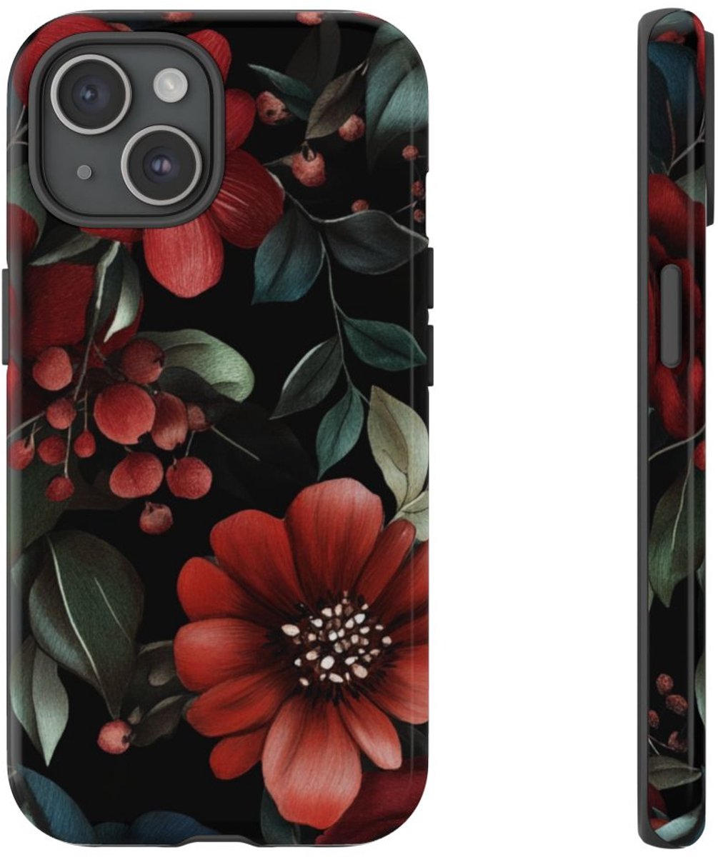 Dieprood en Groen Bloemenpatroon – Telefoonhoesje Geschikt voor iPhone 15