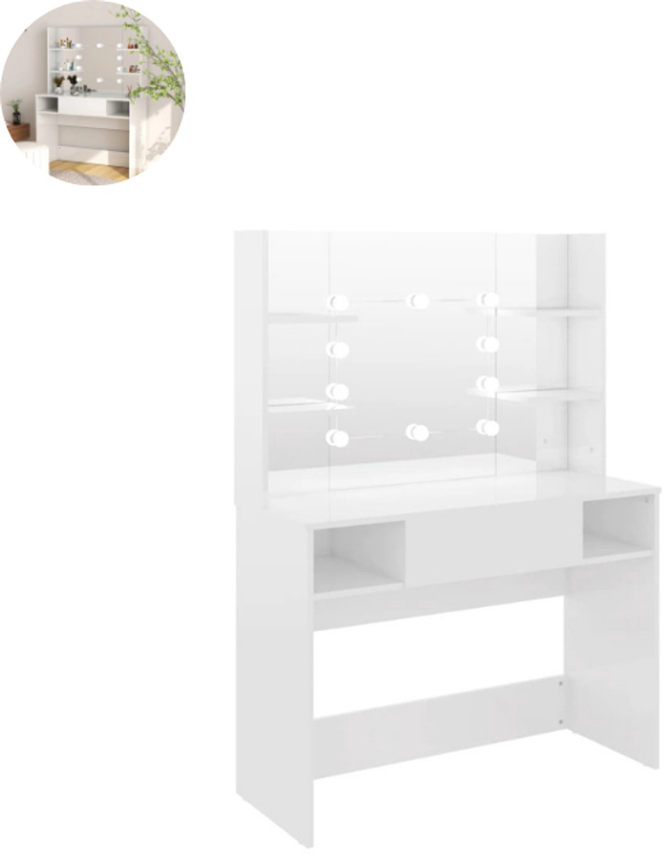 Kaptafel - met spiegel en verlichting - Make up tafel - Make up - Toilettafel - Met lades - Glanzend Wit