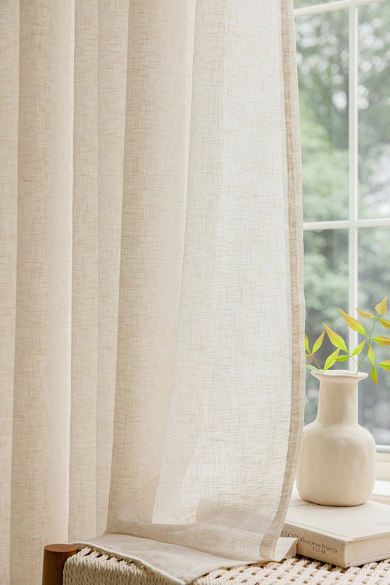 Maroyathome Bibiana - Vitrage - Kant en klaar - Plooiband - Loodveter - Schelphaken - Embrasse - BEIGE - 150 x 250 cm - 150 cm breed - 250 cm lengte - 1 stuks