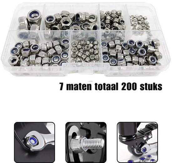 Foto: 200 delige nylock borgmoer assortiment set din985 m2 t m m8 rvs 304 a2 70 zelfborgende zeskantmoeren met nylon inzet roestvrij staal