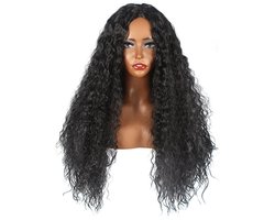 Dames Pruik - Krullend Afro Kapsel Lang Haar - Zwarte Kunsthaar Pruik met Natuurlijke Look - Comfortabele Cap met Adjusteerbare Band