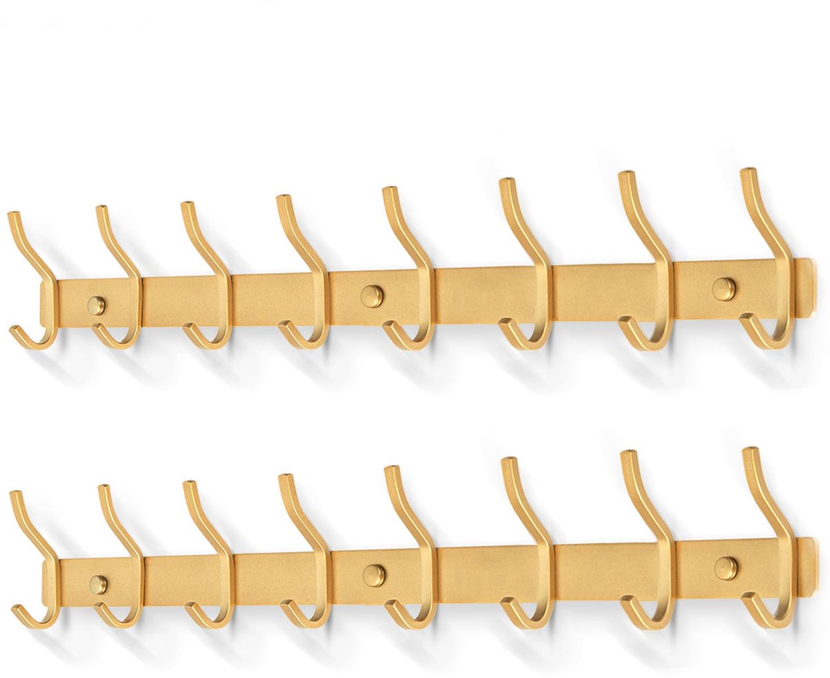 Garderobeleiste RVS met 8 Haken - Wandgarderobe voor Badkamer Keuken Slaapkamer - Goud 2 Stuks