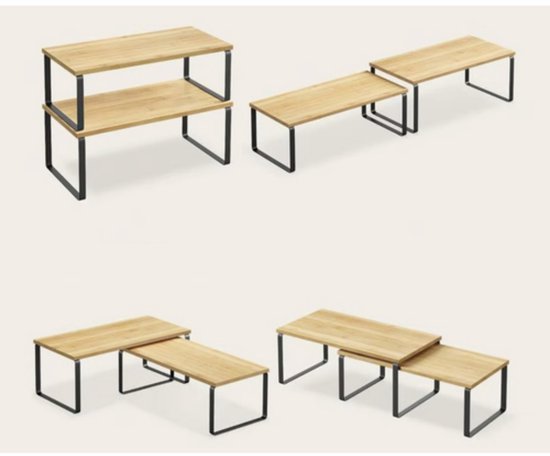Houten Ruhhy aanrecht rekjes met zwart metalen frame, in verschillende opstellingen.