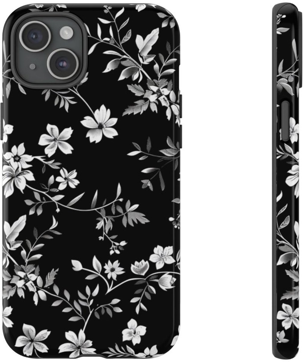 Zwart-Wit Bloemenpatroon – Telefoonhoesje Geschikt voor iPhone 15 Plus