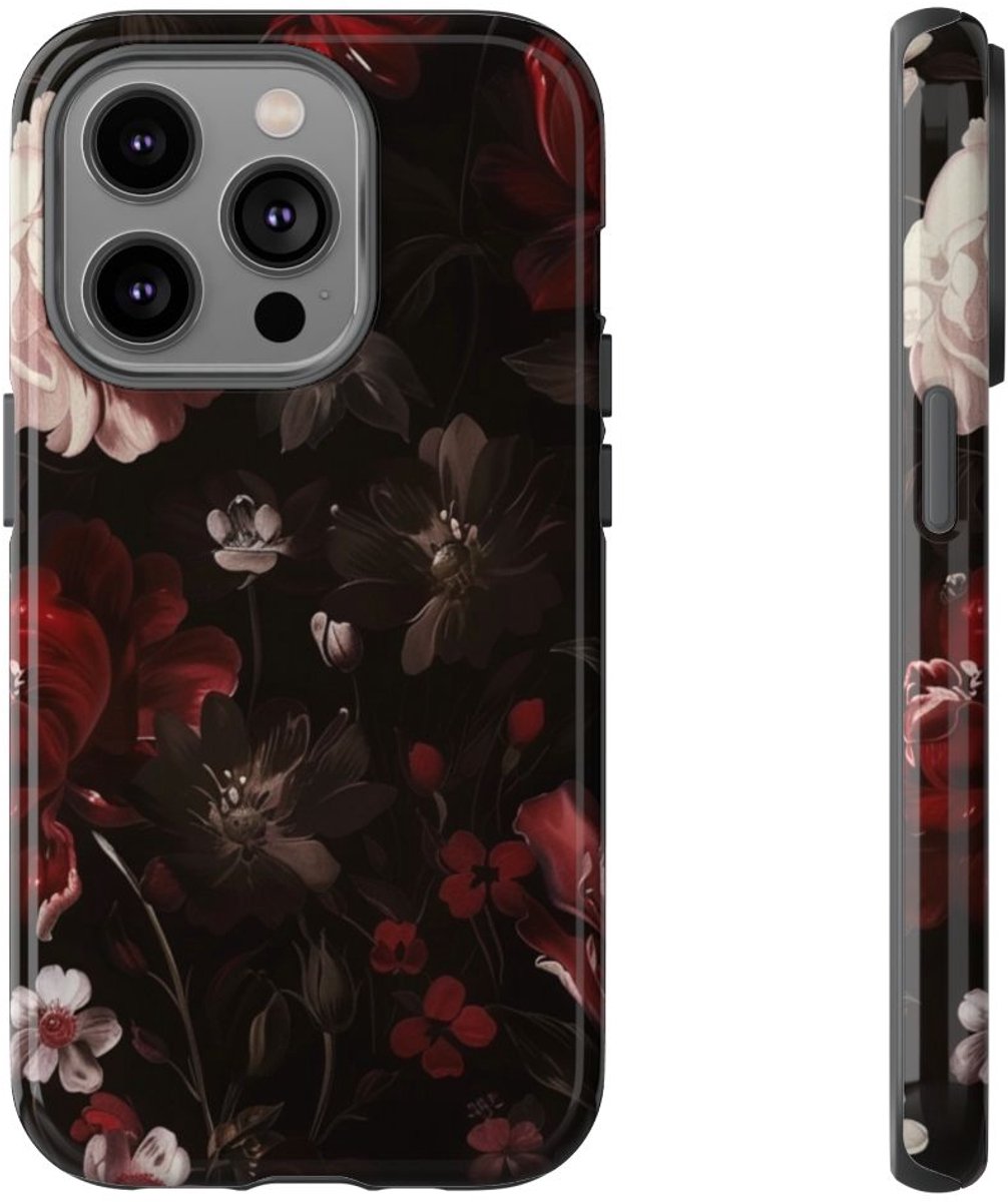 Donker Bloemmotief met Glans – Telefoonhoesje Geschikt voor iPhone 14 Pro
