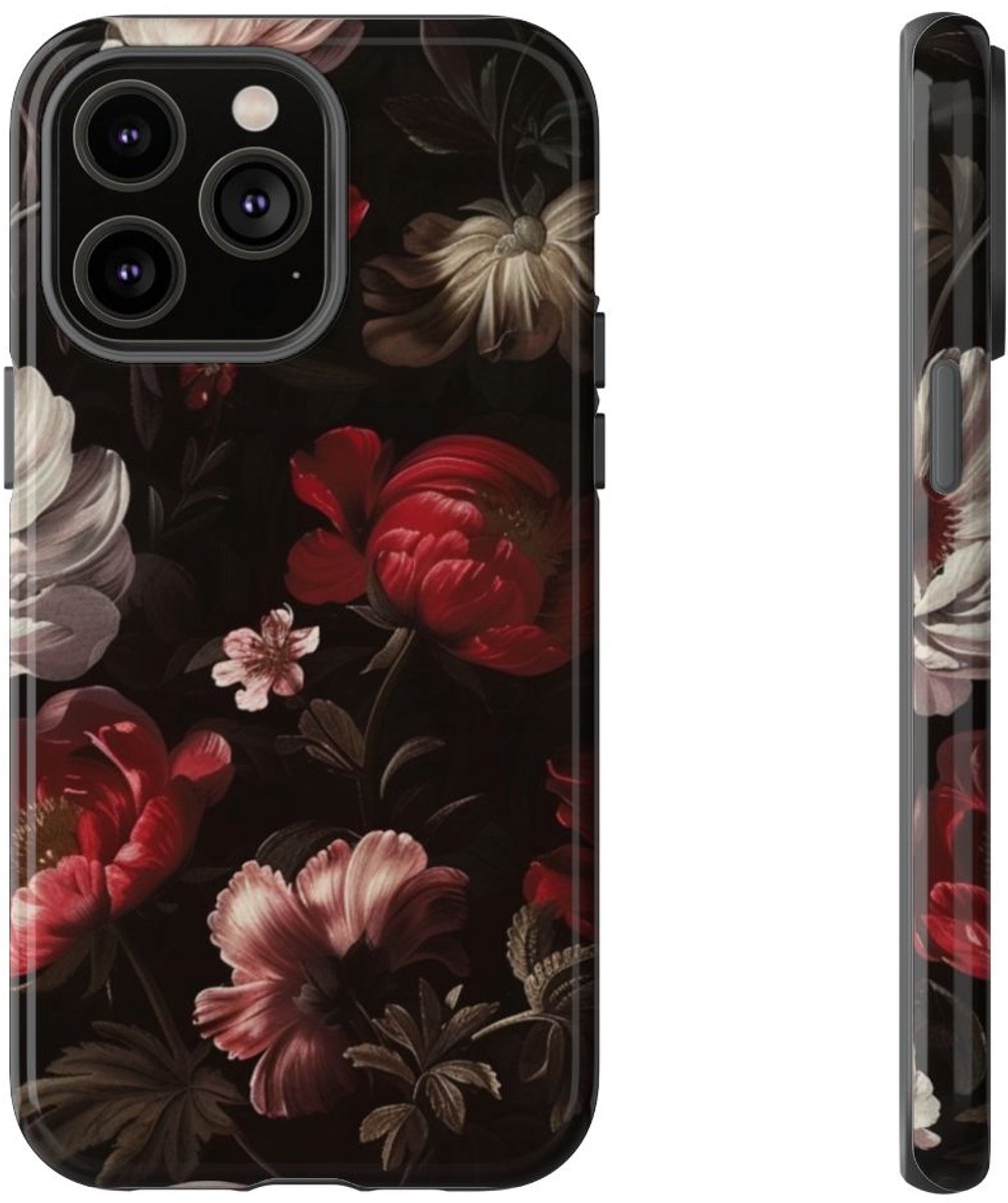 Donker Bloemmotief met Glans – Telefoonhoesje Geschikt voor iPhone 14 Pro Max
