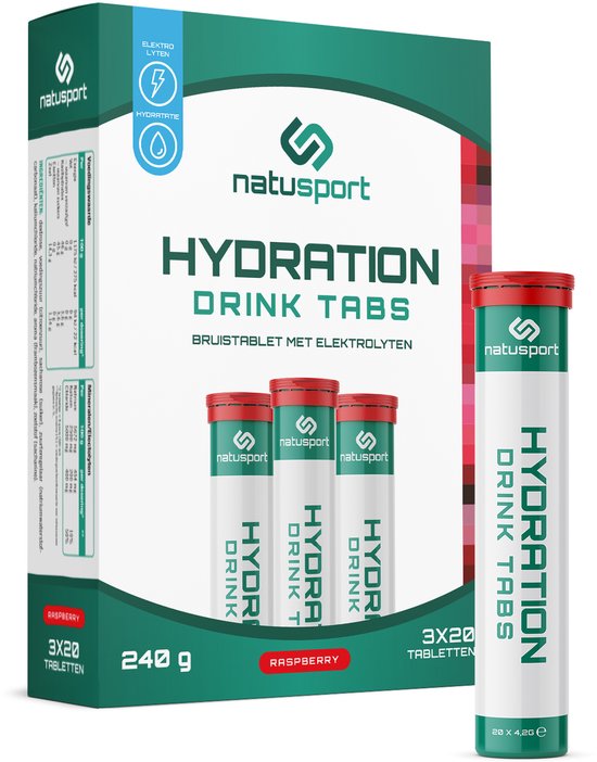 Natusport Hydration Drink Tabs doos met rode en groene accenten, met drie bruistabletten en een losse tube.