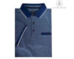 Chris Cayne poloshirt - maat 4XL - jacquard dessin - blauw/offwhite - luxe kraag en manchetten met ingebreid streep patroontje - pique - stretch - met borstzak - paspelzak - luxe polo - bruine knoopjes - grote maten