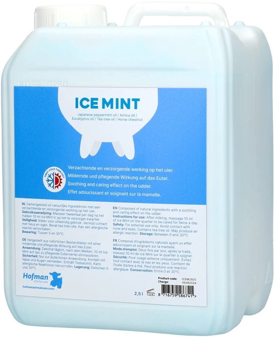 Bidon blanc de 2,5 litres avec impression bleu clair et texte 'ICE MINT', avec liste d'ingrédients et mode d'emploi.