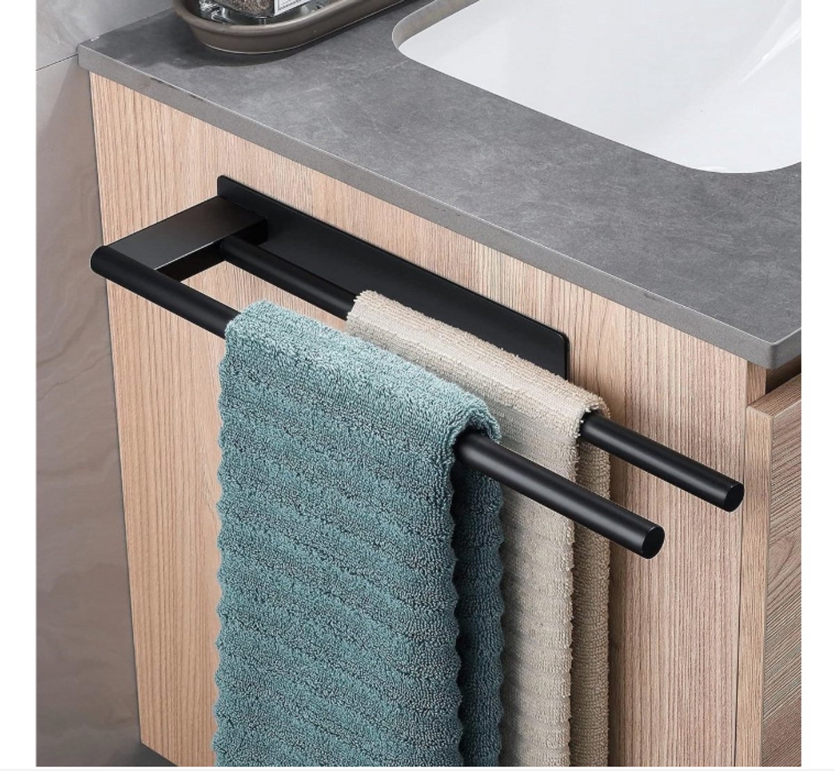WNHB® Dubbele Handdoekhouder Zonder Boren - Zwarte RVS Muurhouder 39 cm voor Badkamer en Keuken