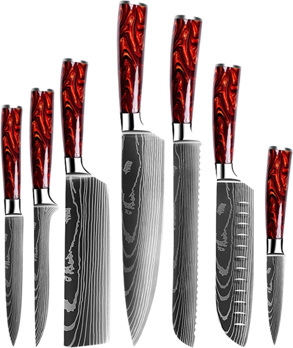Dastium Home - 7 Delige Damascus Messenset - Damascus Stijl Japanse Keukenmessen - Messen Met Damascus Print - Met Ergonomisch Rood Epoxy Handvat - Koksmes - Santoku Mes - Broodmes - Nakiri Mes - Uitbeenmes- Universeel Mes- Schilmes