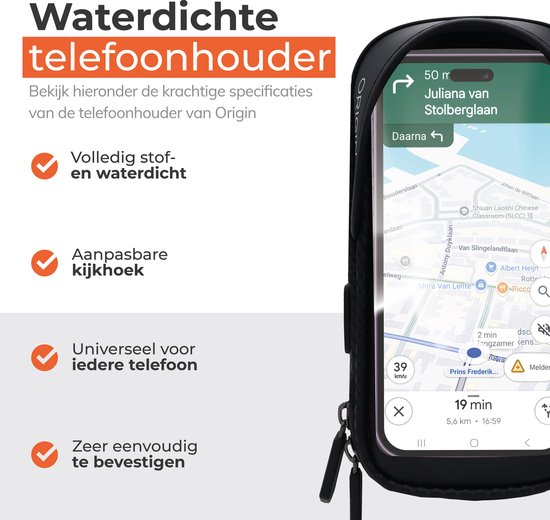 Zwarte Origin telefoonhouder met een smartphone met navigatie erop, toont "Stof en waterdicht" en "Universeel voor iedere telefoon".