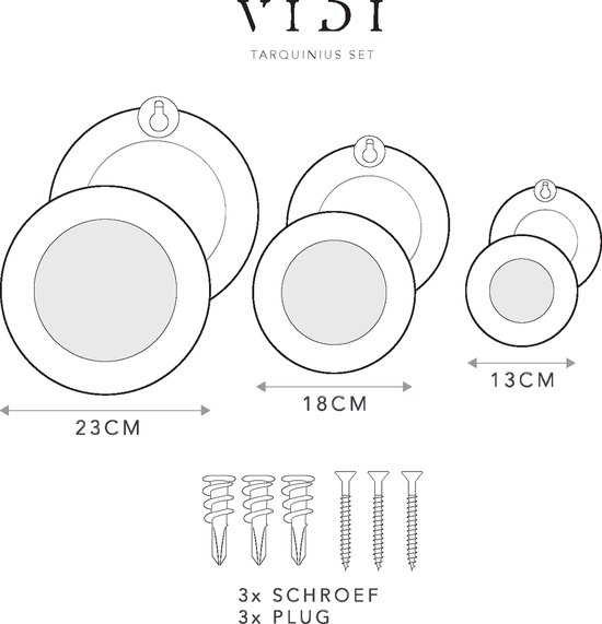 Représentation schématique de trois tailles de bougeoirs muraux ronds avec dimensions et matériel de fixation.