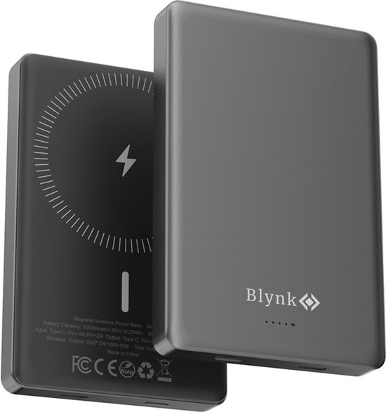 Grijze magnetische powerbank met lichtjes aan de voorkant en magnetische ring aan de achterkant.