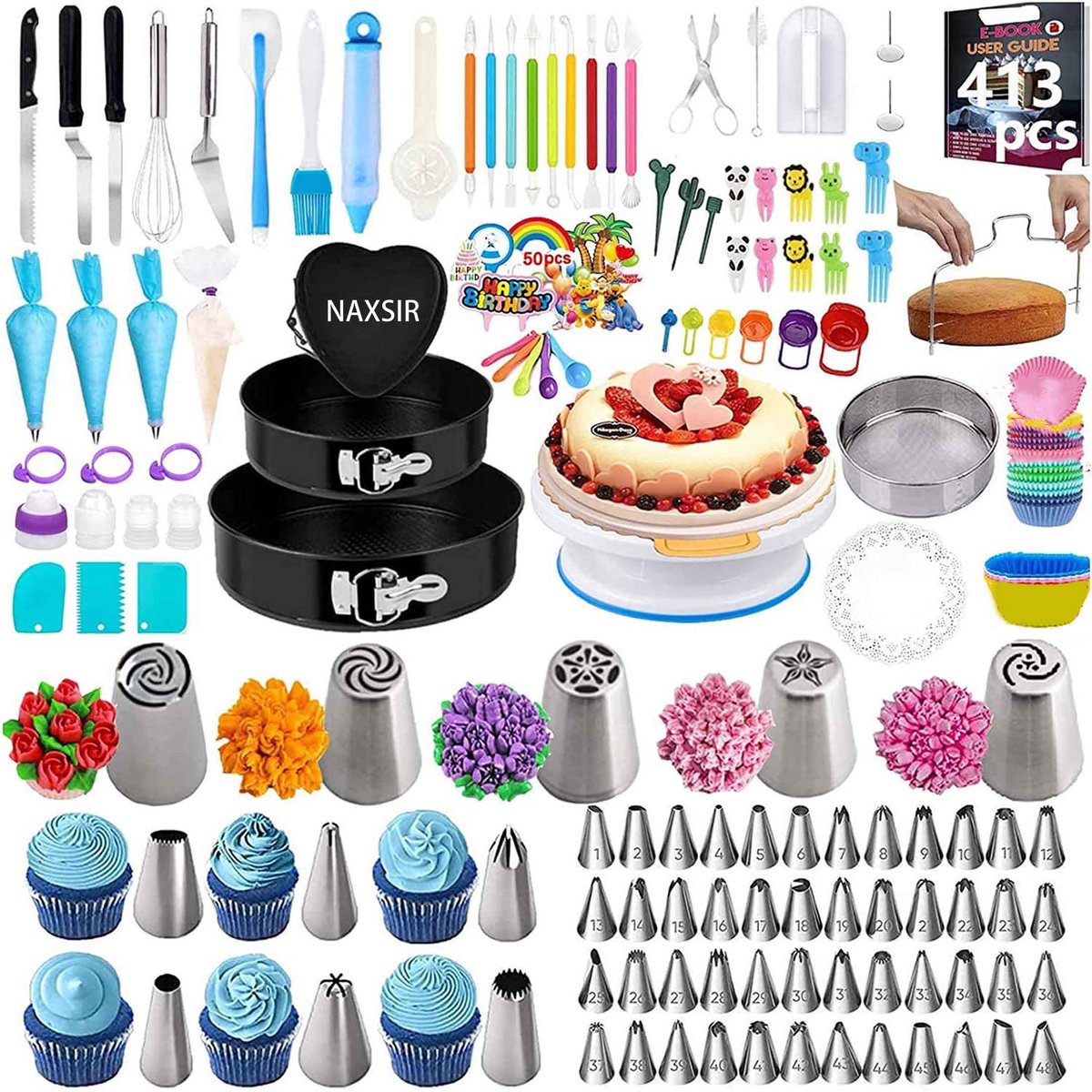 NAXSIR Bakspullen & Taartversiering Set - 413-Delig - Met 59 Spuitmondjes & Taartplaat - Veel Accessoires