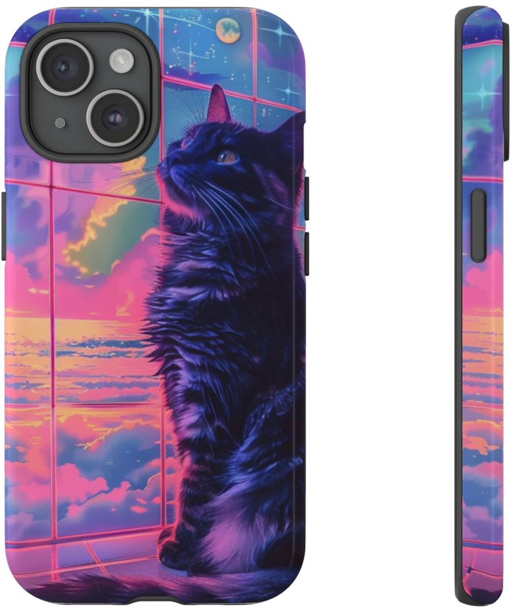 Lofi Vaporwave Kat met Neonlucht – Telefoonhoesje Geschikt voor iPhone 15
