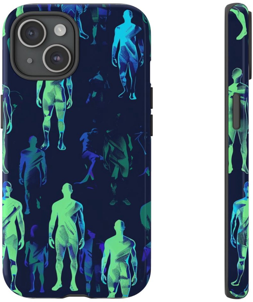 Blauw-Groene Neon Figurenpatroon – Telefoonhoesje Geschikt voor iPhone 15