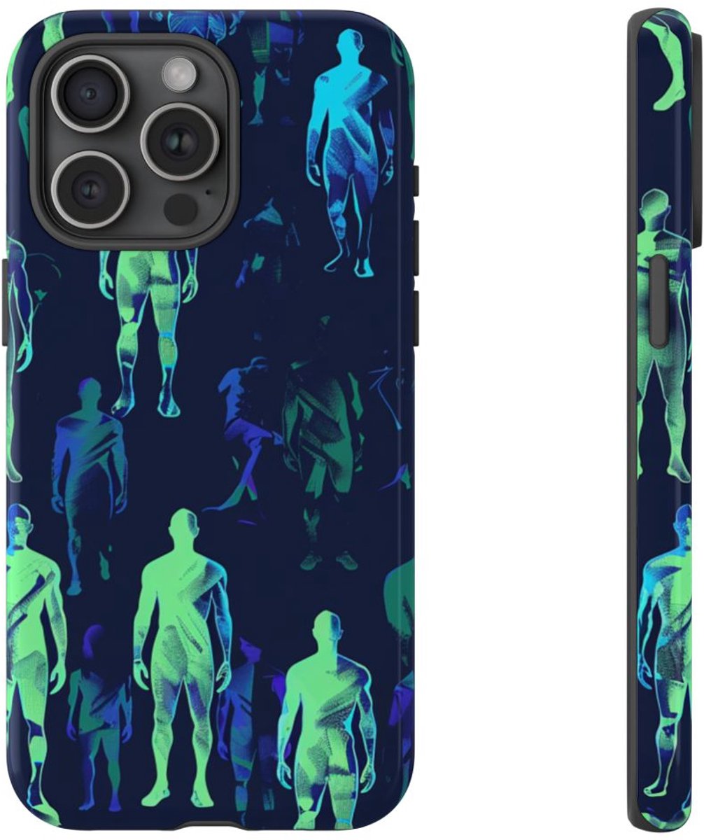 Blauw-Groene Neon Figurenpatroon – Telefoonhoesje Geschikt voor iPhone 15 Pro Max