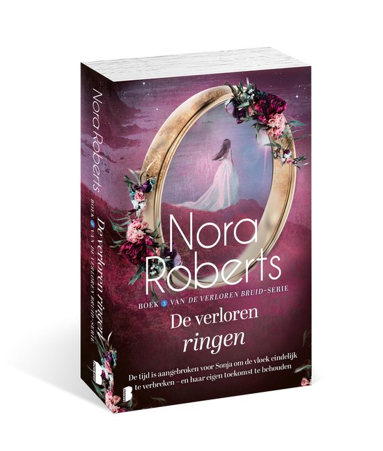 Boekomslag van 'De verloren ringen' door Nora Roberts. Een spiegel versierd met bloemen, met daarin een bruid in een witte jurk.