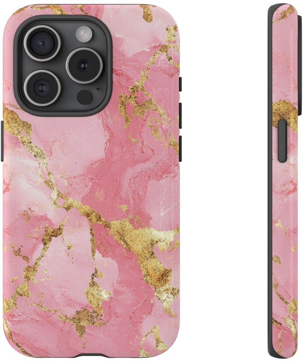 Roze en Gouden Marmerstructuur – Telefoonhoesje Geschikt voor iPhone 15 Pro