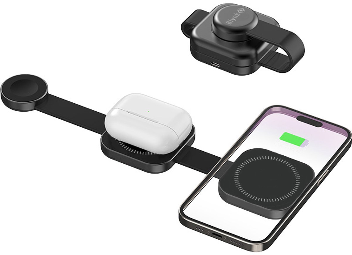 Blynk 3-in-1 Draadloos Oplaadstation – Opvouwbaar & Compact – 22.5W Snellader – Geschikt voor MagSafe, iPhone, AirPods & Apple Watch – Qi Oplader
