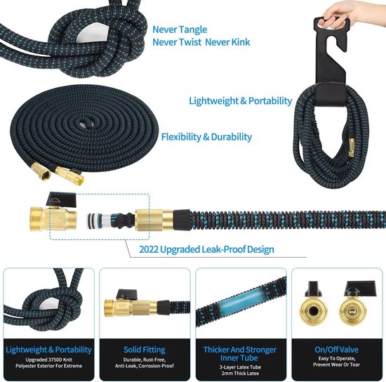 Uitgevouwen zwarte tuinslang met blauwe lijnen, messing koppelingen en een zwarte spuitmond. Tekst: Never Tangle Never Twist Never Kink, Lightweight & Portability, Flexibility & Durability.