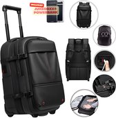 Zwarte CarryQuest rugzaktrolley met rode stiksels, uittrekbare handgreep en wielen. Inclusief JuiceBoxx powerbank.