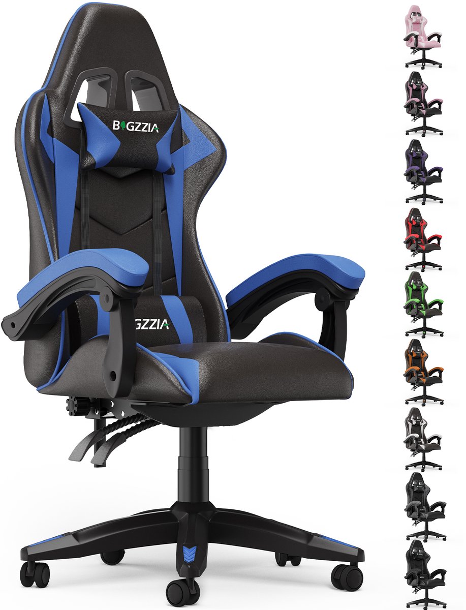 Bigzzia Gamingstoel - Ergonomische bureaustoel van PU-leer - In hoogte verstelbaar - Met lendenkussen en hoofdsteun - Comfortabele gamestoel voor volwassenen - Meisjes en jongens
