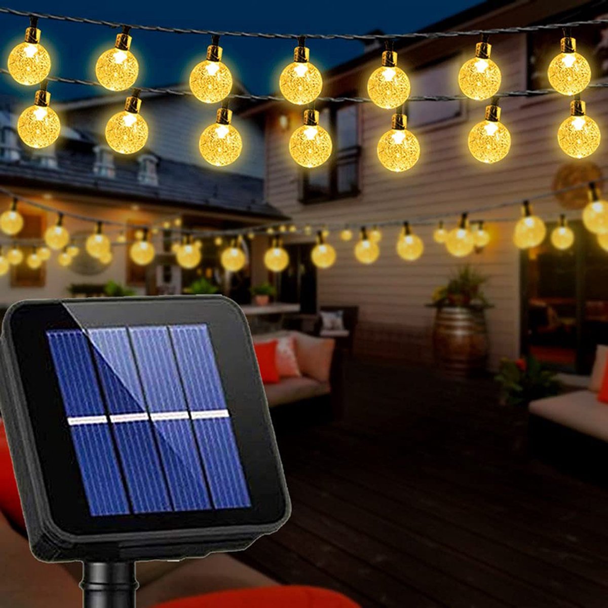 Solar lichtsnoer met 50 warm witte LED's en 8 lichtmodi.