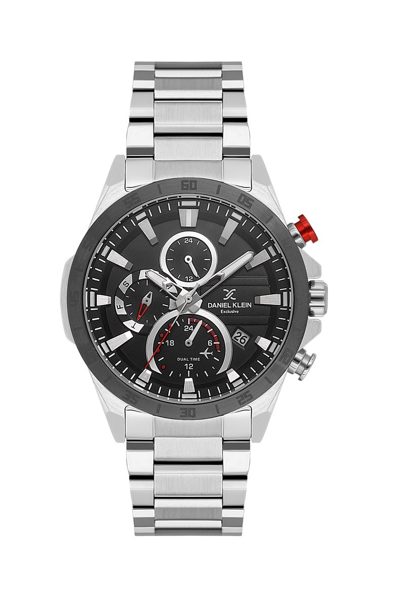 Daniel Klein DK.1.13992-1 - Horloge - Polshorloge - Analoog - Mannen - Heren - Stalen band - Rond - Metaal - Streepjes - Datumaanduiding - Dagaanduiding - Dual Time - Zilverkleurig - Zwart - Grijs - Wit - Rood