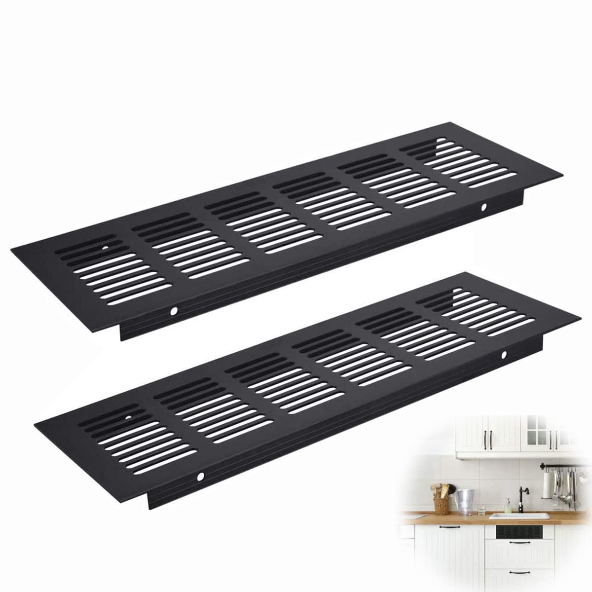 Set van 2 Zwarte Ventilatieroosters van Aluminiumlegering – 80x250 mm – Duurzaam, Corrosiebestendig & Eenvoudig te Monteren – Voor Kasten, Badkamer & Keukenkastjes