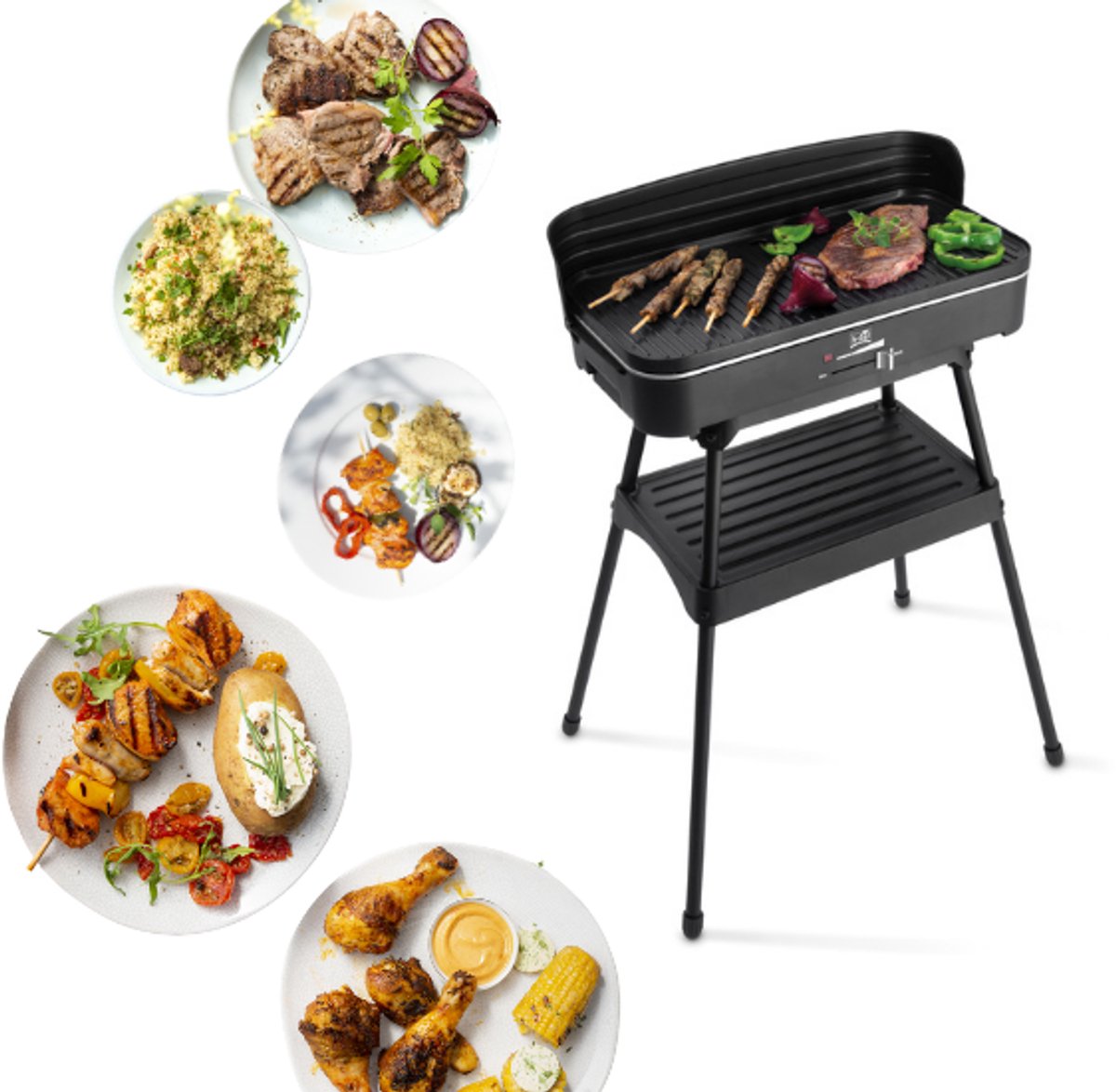 Fritel Elektrische Barbecue en Tafelgrill - Grilloppervlak (LxB) 50x25 cm - 2200W -  Met Onderstel - Zwart