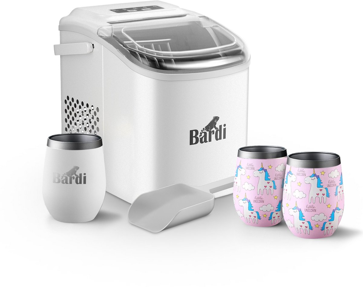 Bardi Deluxe IJsblokjesmachine Set 1,2 Liter Wit - 12KG IJsblokjes in 24 uur - met IJsschep - Inclusief 3 Luxe Thermosbekers en Ijsschep - Eenhoorn