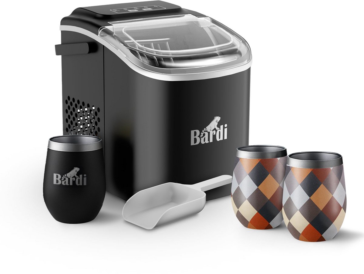 Bardi Deluxe IJsblokjesmachine Set 1,2 Liter Zwart - 12KG IJsblokjes in 24 uur - met IJsschep - Inclusief 3 Luxe Thermosbekers en Ijsschep - Blok