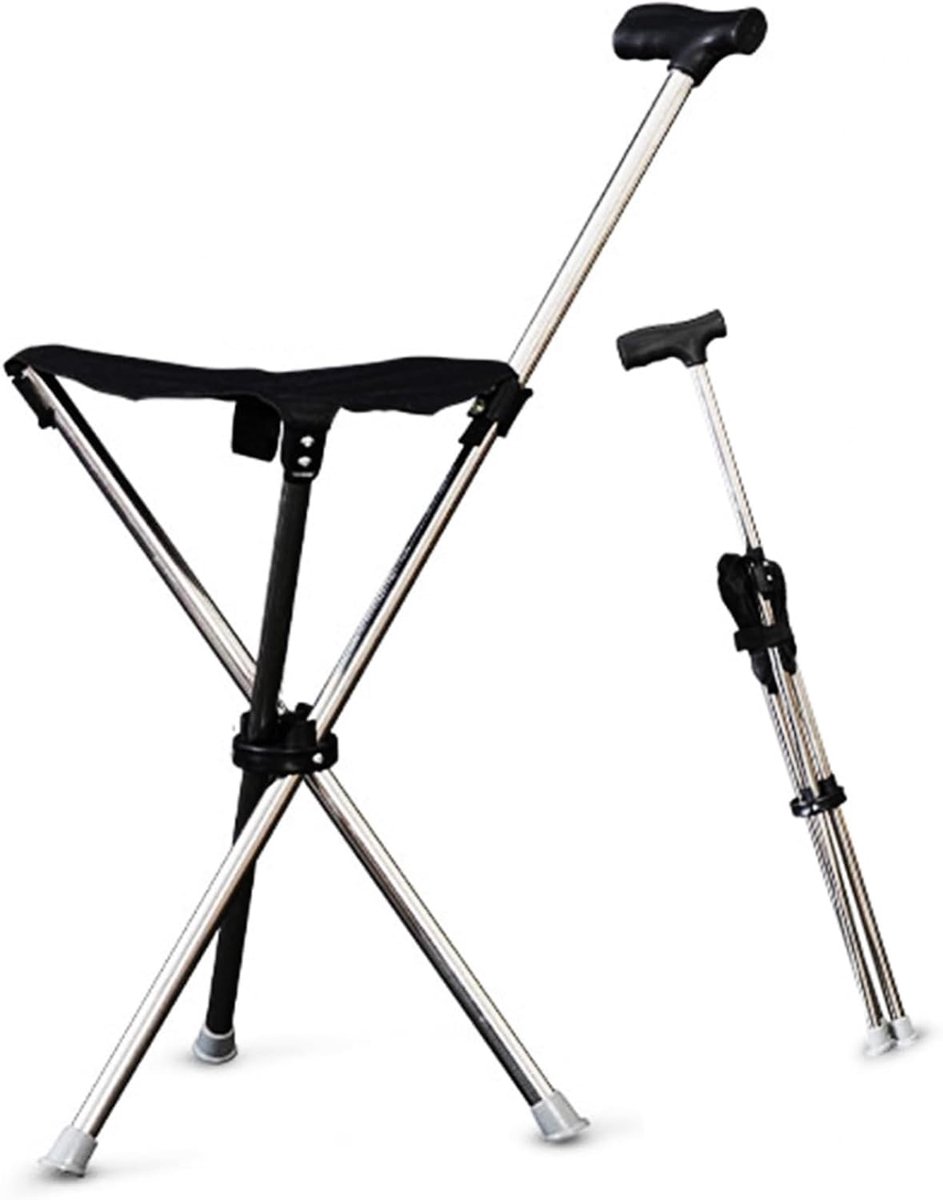 QPFO® Opvouwbare Wandelstok Met Zitje - Wandelstok Stoel Voor Senioren - Lichtgewicht Aluminium - 90cm Hoog - 50cm Zithoogte - Zwart
