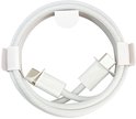 Een witte USB-C kabel is opgerold en opgebonden met witte clips.