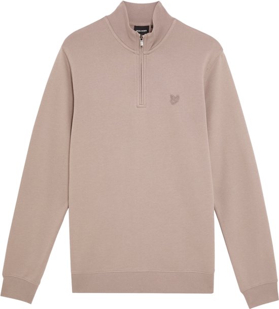 Lyle & Scott effen bruine trui met rits tot de kin en subtiel geborduurd logo op de borst.