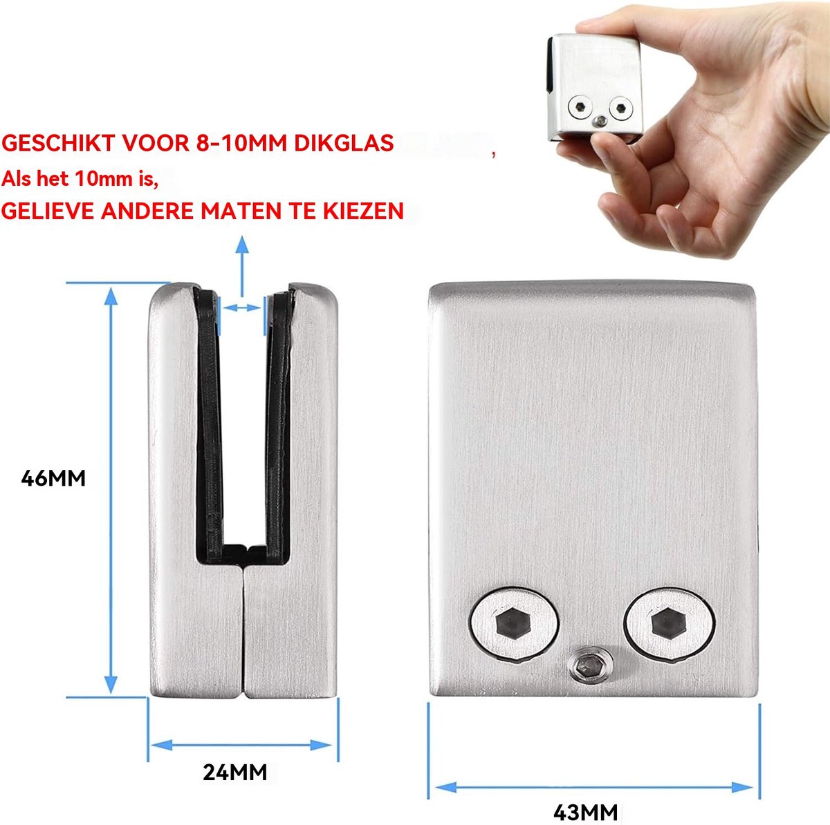 Set van 4 glazen klemmen roestvrij staal 304 met 2 inbussleutels – Geschikt voor glasdikte 8-10mm – Verstelbare platte rug – Voor balustrade, trapleuning en gepolijste handrail