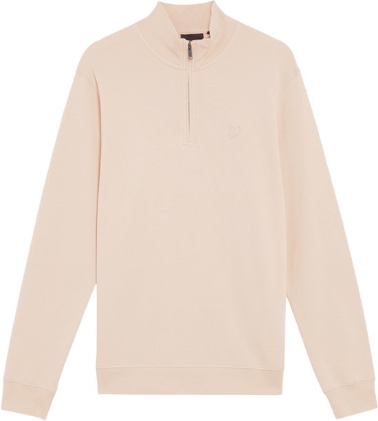 Lichtroze sweater met halfhoge rits en geborduurd logo op de borst.