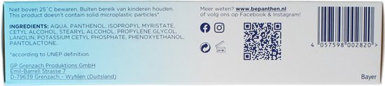 Zijkant doos Bepanthen Verzorgende Crème met ingrediënten, website en barcode.